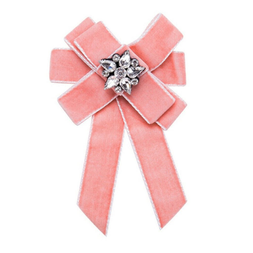 Women British Pink Velvet Large Big Bow Tie Ribbon Bee Crystal Pins Brooch Prom